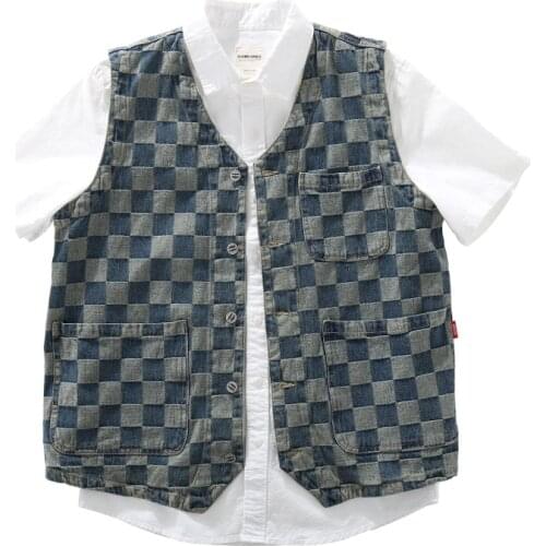 Style Mens Japan Casual Plaid Printed Vest Cargo Waistcoat Streetwear Sleeveless Jacket Multi-pockets Cotton Suit Coat