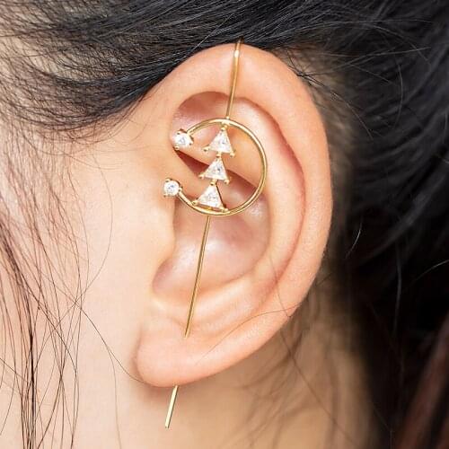 1pc Geometric Copper Ear Hook Clip Stud Earring Long Cartilage Tragus Helix Zircon Cuff Ring Bone Gold Jewelry for Women 20G