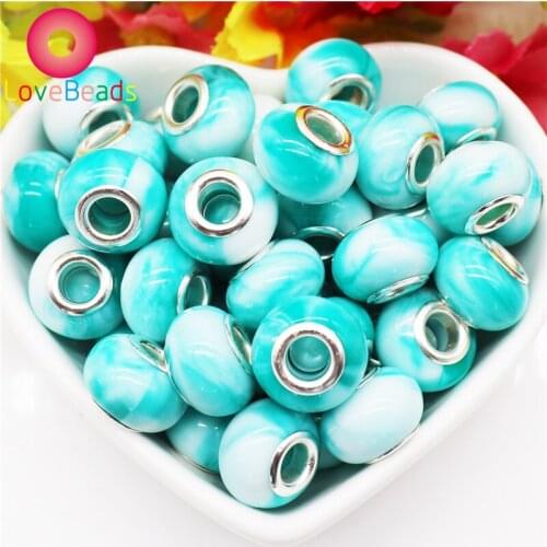 10Pcs Light Blue Indicolite Color Murano Charms Large Hole Round Loose Spacer Beads Fit Pandora Charms Bracelet Necklace Jewelry