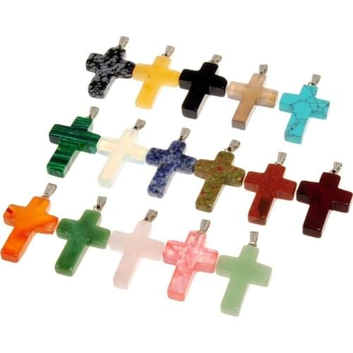 12pcs Simple Cross Religious Pendant Natural Stone Semi Precious Beads Iridescent Blood Stone Pendants For Jewelry Design Free