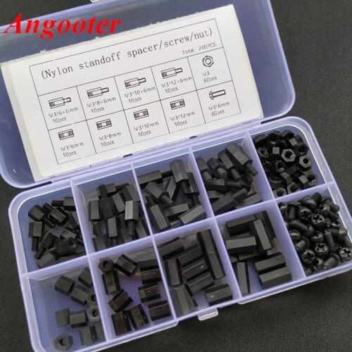 200pcs M2 M2.5 M3 Black nylon standoff spacer Hex column Plastic spacing screw hex nut mix kits for PCB Montherboard fix pillar