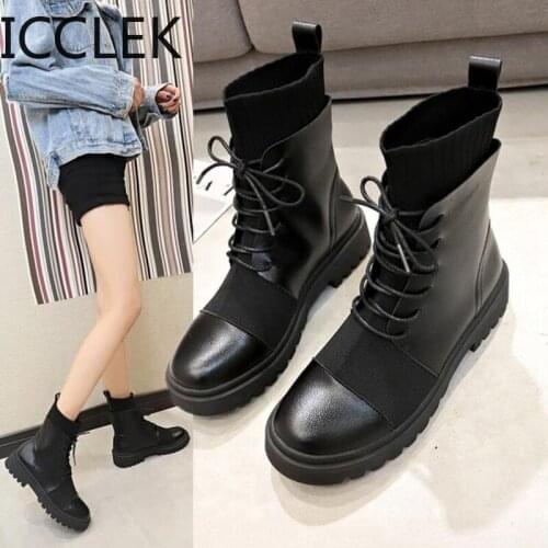 2020 Spring Boots Woman Boots Fashion Flat Round PU Ankle Boots Spring Elastic Lace Black Boots Comfortable Boots A101