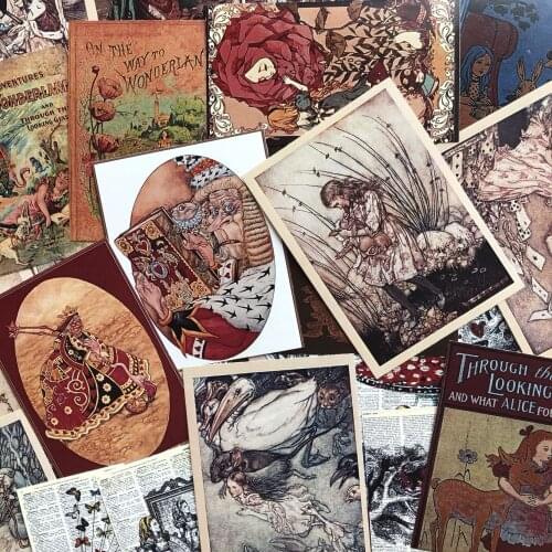 43pcs Retro Alice In Wonderland Pattern Paper Scrapbook Paper Bag Background Paper Crafts DIY Scrapbook Paper Decoration