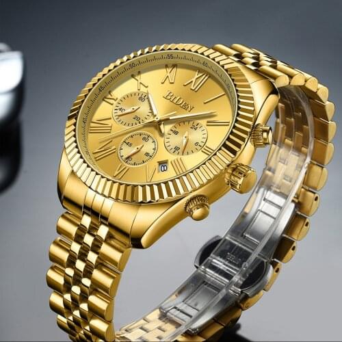BIDEN Brand Luxury Golden Men Watches Stainless Steel Calendar Gold Business Dress Watch for Men Top Brand Chronograph Clock
