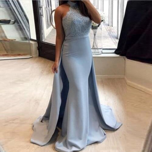 Elegant High Neck Top Lace Mermaid Evening Dresses Long Satin Evening Gown Sweep Train Simple Prom Dress vestidos de festa longo