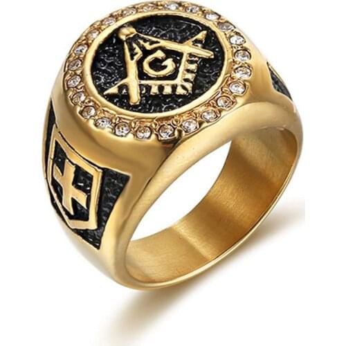 Hot sale Fashion Jewelry Men Vintage Charm Mason Freemason Masonic Rings Punk Stainless Steel Gold Color Ring For Mens Jewelry