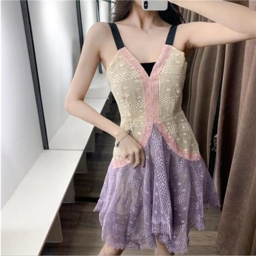 Summer new Spaghetti StrapV-neck lace dress Street Sexy Casual Slim strapless bodycon irregular dress Vestidos