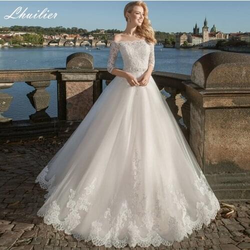 Lhuilier Womens A-line Boat Neck Wedding Dresses Half Sleeves Floor Length Lace Appliques Sweep Train Bridal Gowns with Belt