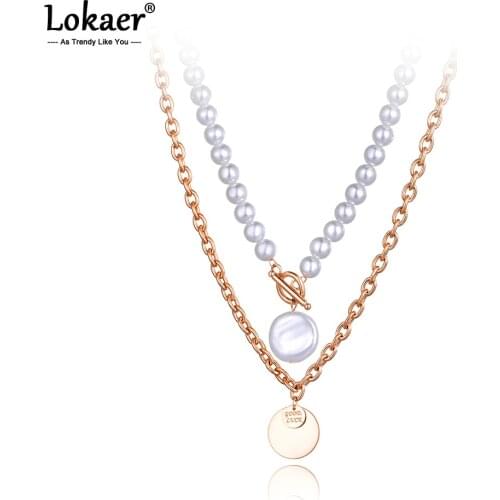 Lokaer Bohemia Stainless Steel Double Layer Good Luck Charm Pendant Necklace For Women Trendy White Pearl Party Necklace N21039