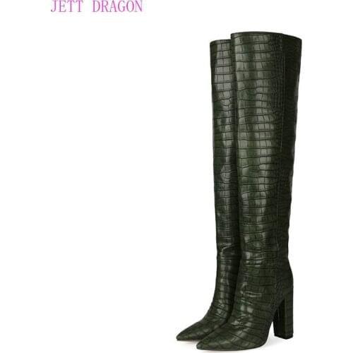 2021 New Autumn Winter Women Knee High Boots Fashion Slip on Stone Print Thigh Boots Ladies Square High Heel Pointed Toe Shoes