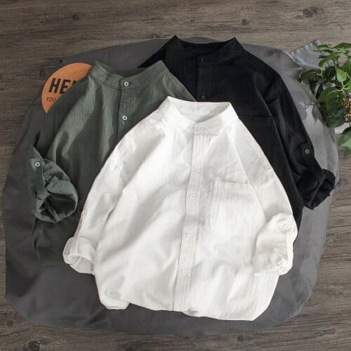 2021 New Mens Casual Blouse Cotton Linen Shirts Loose Tops Long Sleeve Tee Shirt Fashion Style Solid Harajuku Male Streetwear