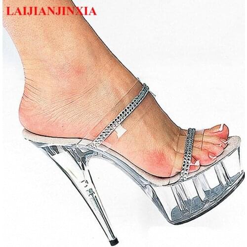 LAIJIANJINXIA New Transparent Clear Pvc Slippers Women Open Toe Perspex High Heels 15Cm See Through Platform Shoes Summer Slides