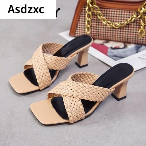 NEW Sexy High Heels PU Diamond Square Head Slippers Summer Fashion Slip on Square Heels Slides Women Peep Toe Mules Party Shoes