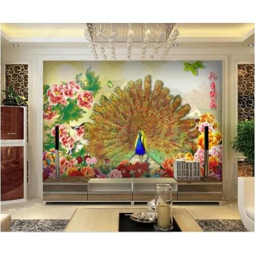 Wallpaper photo 3 d custom mural Chinese style peacock open screen peony decor in the living room Wallpaper for walls in rolls