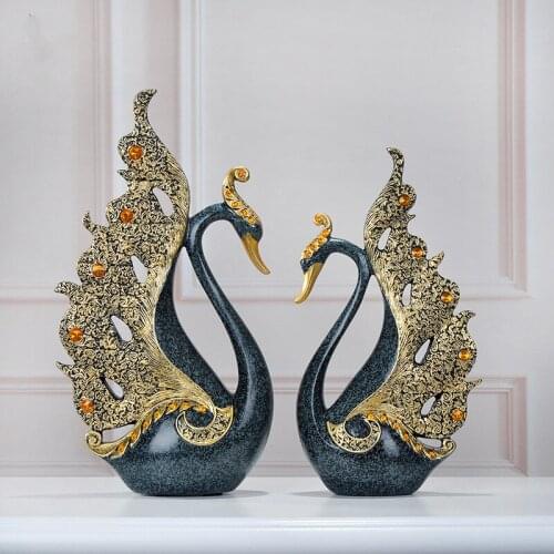 A Pair Swan Statue Golden LOVE Couple Swan Sculpture Resin Crafts Livingroom TV Cabinet Desktop Decoration Ornament Wedding Gift