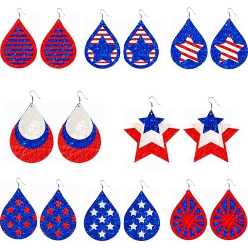 USA Earrings Patriotic 4th of July Star Cricut Red and Blue Glitter Layered Striped Independence Leather Teardrop Earrings