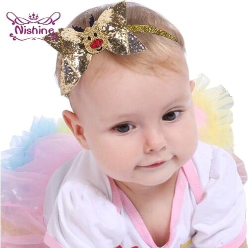 Nishine 10*6 CM Glitter Sequins Bows Toddler Hairband Cute Cartoon Pattern Bowknot Elastic Headband Baby Headwear Christmas Gift