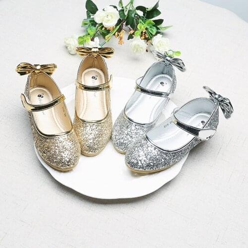 Girls Shoes Lovely PU Leather Bow Girl Wedding Fashion Princess Shoes Summer Flat Sandals Soft Gold Sliver STX002