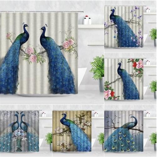 Blue Peacocks Shower Curtain Set Beautiful Bird Pink Flower Green Leaves Retro Modern Fashion Decor Waterproof Bathroom Curtains