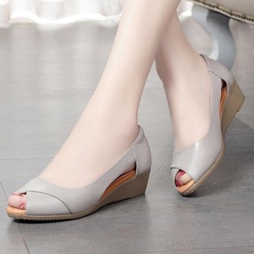 Grey Black Sandals Shoes for Women Wedge Heels Leather Sandal Women Shoes Peeptoe Mother Weightlight Antiskid Summer Sandals
