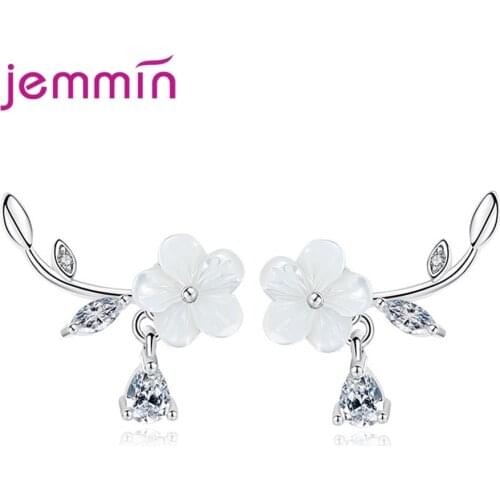 Women Cubic Zircon Flower Coquillage Korean Crystal Stud Earrings 925 Sterling Silver Plum Blossom Leaf Ear Pierced Jewelry