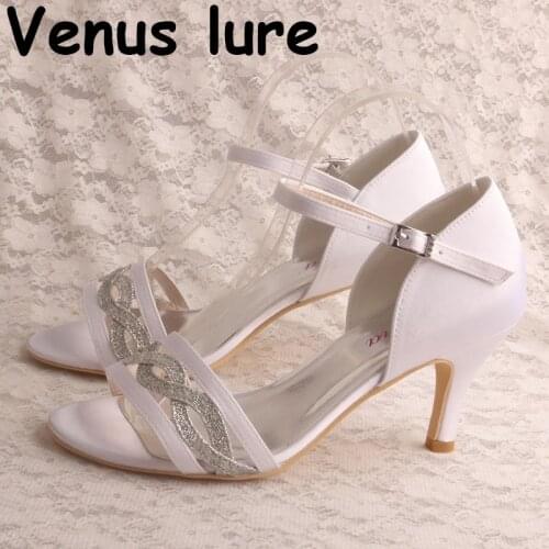 Mid Heel Peep Toe Woman Shoes for Party White Satin and Glitter Wedding Sandals
