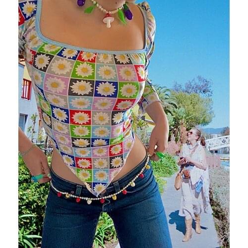 Y2K Women Close-fitting Pullover Flowers Printed Pattern Long Sleeve Square Collar Irregular Hem Crop Tops