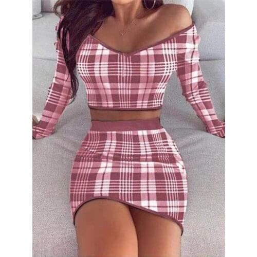 Plaid Ladies Long Sleeve Woman Clothing Sexy Dress 2 Pieces Polyester Women Two Piece Skirt Top Plaid
