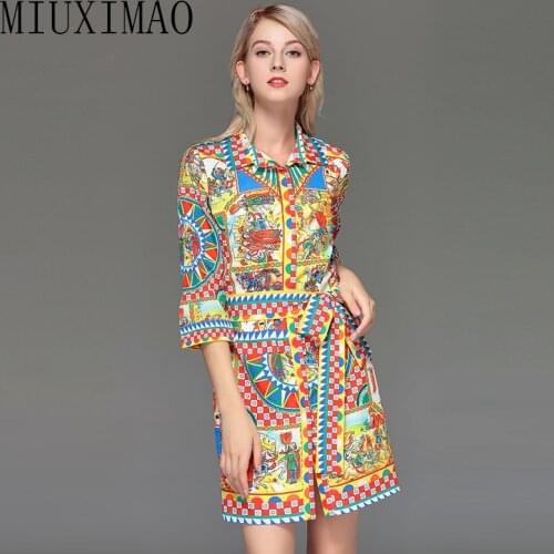 2020 Runway Designer Casual Holiday Casual Style Straight Half Sleeve Sashes Turn-down Collar Cartoon Above Knee Women Dress
