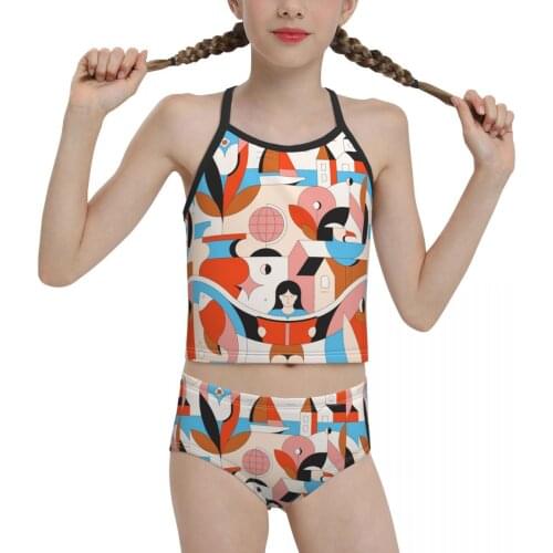 2021 anime boho Beach Wear for junior high school Girl Print Geometric Abstract Bikini Wholesale Brand for Children Girl