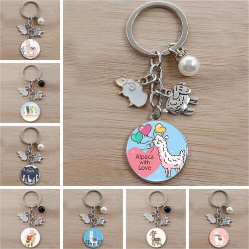 Alpaca Love Animal Keychain Cute Sheep Silver Plated Keychain Glass Jewelry Student Gift
