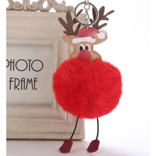 Lovely Christmas Deer Pendant Keychain Plush Artificial Rabbit Fur Ball KeyRing PomPon for Women Car Bag Santa Claus Elk Jewelry