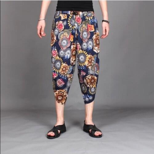 M-3xl Mens New Style Summer Loose Large Size Printing Pants Big Crotch Seven Points Pants Male Thai Style Flying Squirrel Pants
