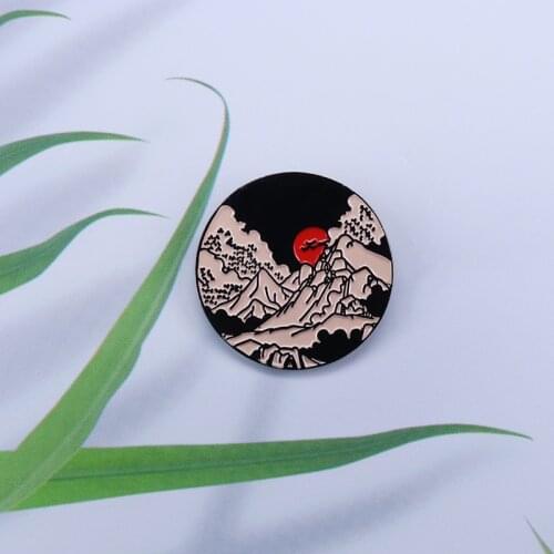 Mountain Sun Enamel Pin Tree Forest Brooch Explore Nature Badge Travel Jewelry Adventurer Gift Sunset Landscape Pins