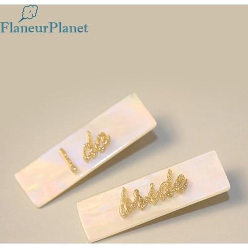 FlaneurPlanet Mother of Pearl Cellulose Acetate Wide Barrette for Bride Letter Bachelorette Hair Clips Wedding Hair Pieces 2 pcs