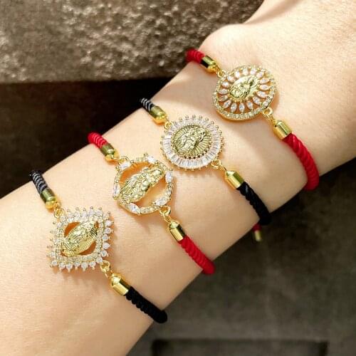 FLOLA CZ Virgin Mary Charm Bracelets For Women Black Rope String Bracelet Bangle Wholesale Jewelry virgen de guadalupe brtd05