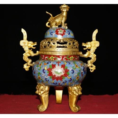 11"Chinese temple collection Old Bronze Cloisonne Enamel Unicorn statue Binaural Lion head and feet incense burner Ornaments