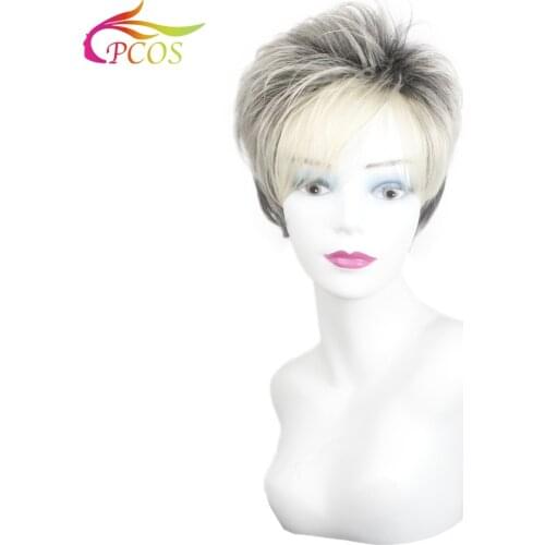 Short Synthetic Straight Blonde Mix Dark Color Wigs Natural Fluffy Party Work Wigs for White/Black Women