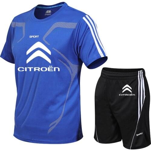 NEW Summer high quality Cotton Men suits Citroen car logo printing Splicing stripe casual trend T-shirt+pants suit 2-piece