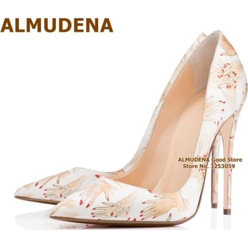 ALMUDENA Red Nail Polish Women Hands Printed High Heels White Black Pointed Toe Slip-on Dress Shoes Size45 Banquet Footwear