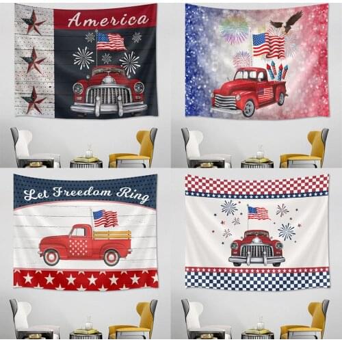 Red Retro Car American Flag Tapestry Wall Hanging USA Stars and Stripes Flag Fireworks Independence Day Dorm Decor Bedspread