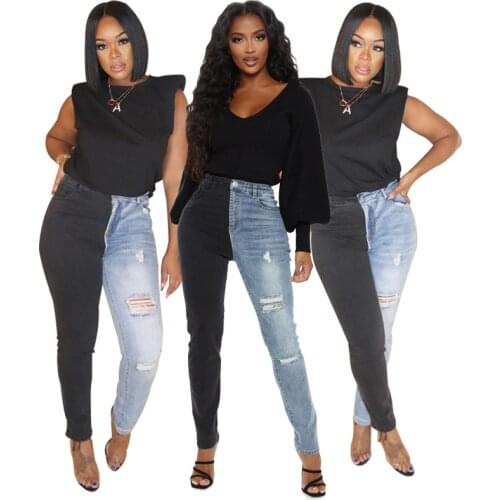 2021 Hot Sale Black Blue Contrast Color High Waist Jeans For Women Fashion Hole Stretch Denim Pencil Pants Hipster Trousers