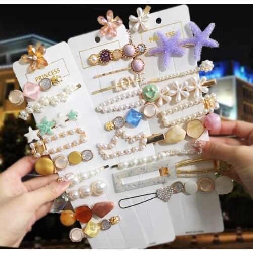 Fashion Hair Clips Pins Acrylic Geometric Pearl Crystal Hair Accessories For Women Girls Flower Leaf Starfish Hair Barrettes Set