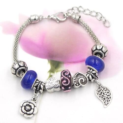 Newest Fashionable Jewelry, European Bead Style Metal Heart Bead Blue Bead Black Lampwork Murano Glass Bead Rose Leaf Charm