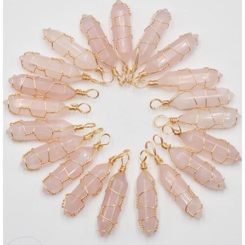 Wholesale 20pcs/lot natural pink quatrz stone pillar shape point handmade iron wire pendants for jewelry making free shipping