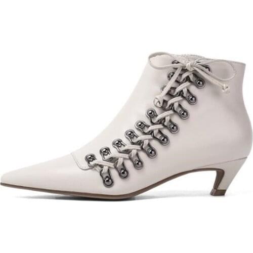 Sexy Pointed Toe Medium Heels 4 cm Shoes Side Lace Up Stiletto Heel Casual Autumn Spring Booties Leather Elegant Fashion Women