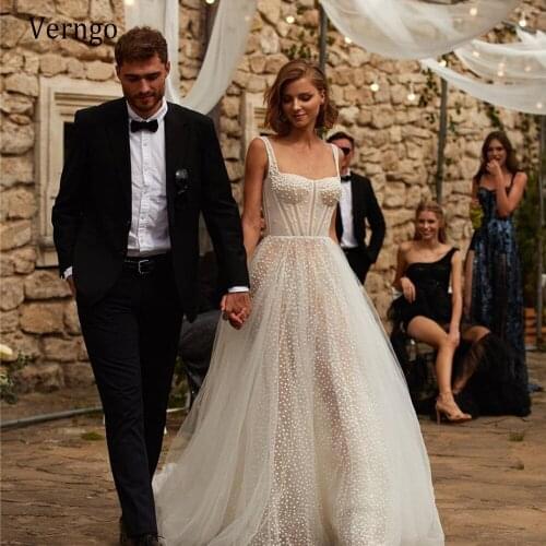 Verngo New Modern Pearls Tulle Beach A Line Wedding Dress 2021 Square Neck Sweep Train Bridal Party Gowns Robe de mariage