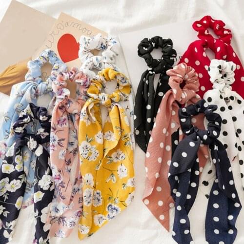 Free Two-in-one use Women Streamers Scrunchies Dot Floral Print Long Hair Ribbons For Women Elastic Bow Hair band Girl Hair Ties