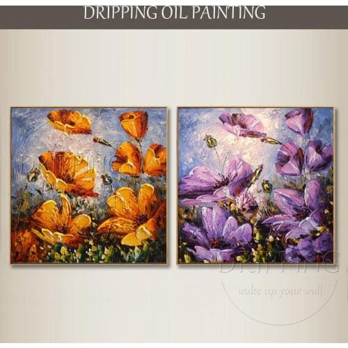 Artist Hand-painted Modern Abstract Flower Oil Painting on Canvas Orange and Purple Colors Flower Oil Painting Knife Painting