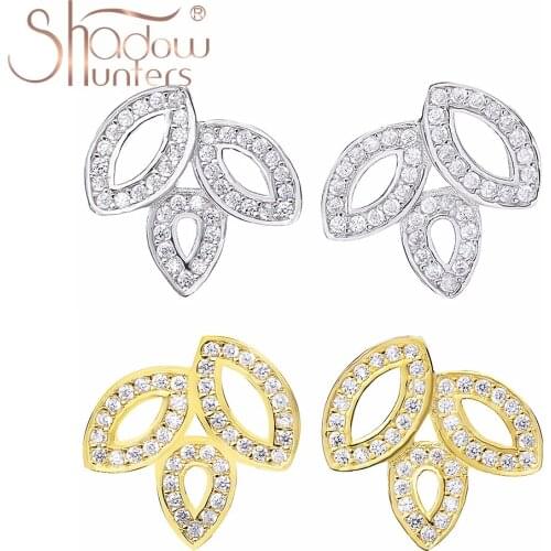SHADOWHUNTERS 100% 925 Sterling Silver Crystal Three Leaves Stud Earrings With Clear CZ For Women Luxury Jewelry Making Japan